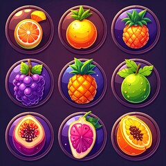 Colorful Fruit Icons for Game Design.