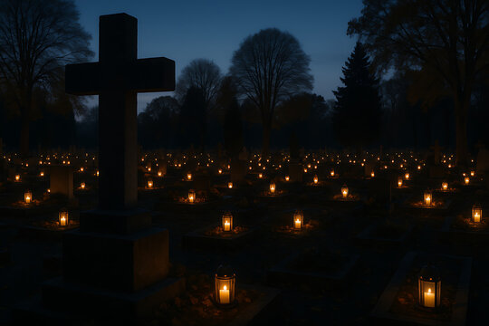 Silhouetted grave markers and a large Christian cross dominate a dark cemetery field illuminated by dozens of small, scattered lantern lights all saints' day and all souls' day