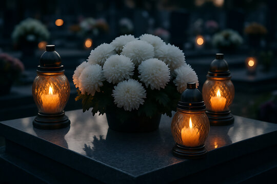 Close-up on a dark granite gravestone adorned with a bouquet of white chrysanthemum flowers and two glowing glass memorial lanterns at twilight all saints' day and all souls' day