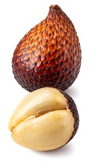 Close-up of a Salak fruit, whole and half