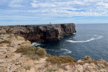 Fortaleza de Sagres fortress on dramatic Atlantic cliffs near Sagres, Algarve, Portugal — historic landmark and coastal viewpoint