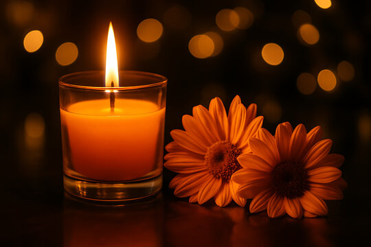 A tranquil scene of a glowing orange candle in a glass holder next to two bright orange gerbera daisy flowers creating a somber, reflective mood all saints' day and all souls' day