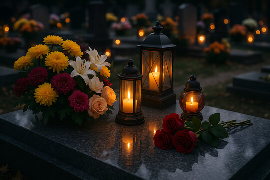A close-up of a tombstone with a colorful bouquet of chrysanthemums and lilies alongside lanterns and red roses illuminating a tribute all saints' day and all souls' day