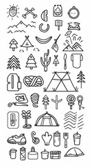 Obraz premium Collection of Camping Icons Including Tents, Nature Elements and Adventure Equipment for Outdoor Enthusiasts