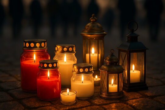 Group of assorted red and white glass jar candles and metal lanterns burning on a cobblestone street during a solemn evening memorial on all saints' day and all souls' day