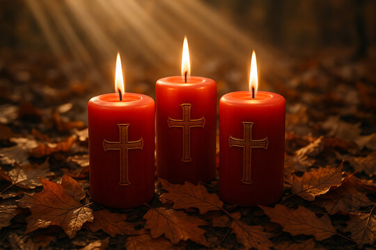 Three red pillar candles with cross designs burning brightly among fallen autumn leaves in a forest with sun rays from above on all saints' day and all souls' day