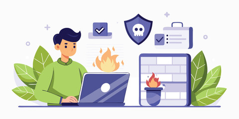 Cybercrime prevention with hacker blocked by firewall illustration
