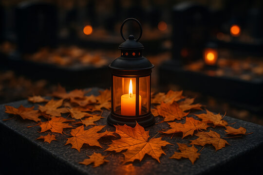 A single illuminated candle in a black lantern surrounded by vibrant orange autumn leaves resting on a tombstone in a dark cemetery on all saints' day and all souls' day
