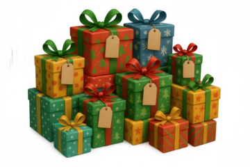 Holiday gift boxes piled high, colorful festive presents with ribbons and blank tags, celebrating christmas season