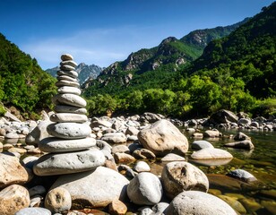 Mountain river landscape with balanced stones