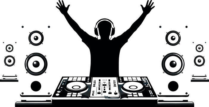 DJ silhouette with headphones performing live music set, surrounded by speakers and turntables in energetic black and white vector illustration