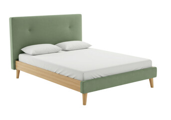 Green upholstered bed with wooden frame isolated on white, modern bedroom furniture for interior design and home decor