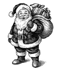Vintage Santa Claus illustration in detailed black and white engraving style. Jolly Father Christmas with gift sack, perfect for holiday cards, invitations, posters, coloring pages, Christmas decor