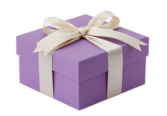 Elegant purple gift box with cream ribbon isolated on white, present for birthday or special...
