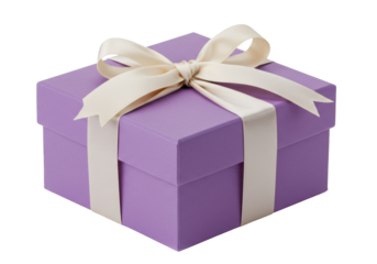 Elegant purple gift box with cream ribbon isolated on white, present for birthday or special occasion PNG