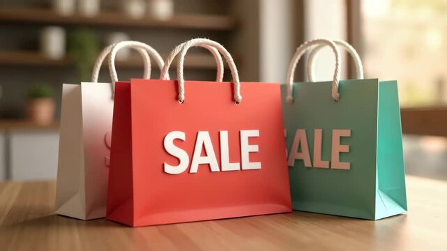 Sale Bags in trendy colors, announcing store sales with promotional shopping bags. Sale bags communicate great value, offering shoppers exceptional deals and encouraging spending.