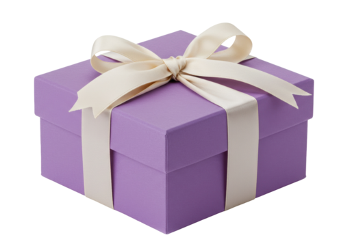 Elegant purple gift box with cream ribbon isolated on white, present for birthday or special occasion PNG - Powered by Adobe
