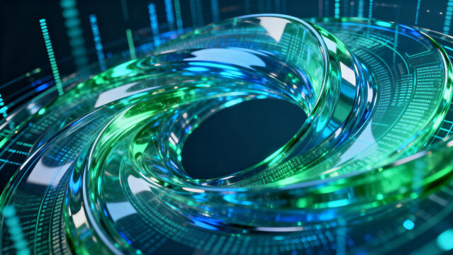 Glowing Blue - Green Glass Vortex With Digital Data Background For Tech Innovation Concepts, Futuristic UI/UX Design Inspirations, And Cybernetic Art Projects