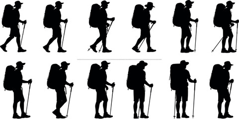 Obraz premium Set of 12 hiking silhouette vector illustrations showing trekking poses with backpack and poles, perfect for outdoor activity design themes