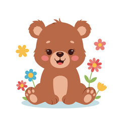 Adorable cartoon brown bear cub sitting among colorful flowers isolated on white background