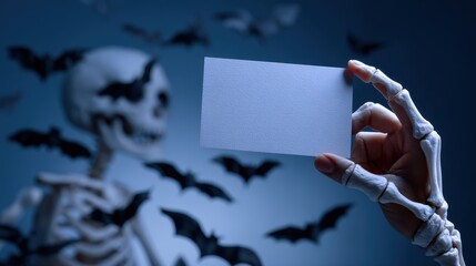 A skeletal hand holds a blank card, while bats hover in the dark background, an eerie, Halloween-themed atmosphere.