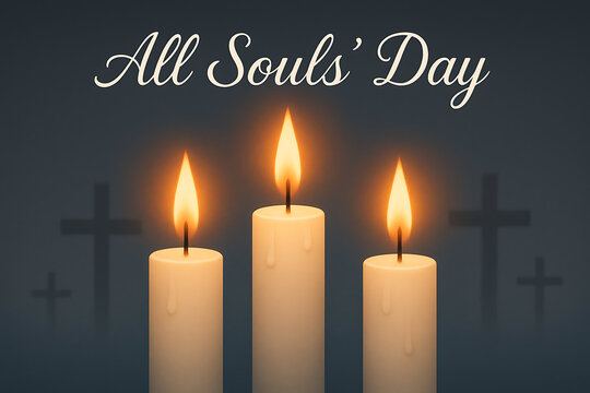 All souls' day text above three solemn white candles casting a gentle light with faint crosses visible in the dark background, symbolizing a day of commemoration all saints' day and all souls' day