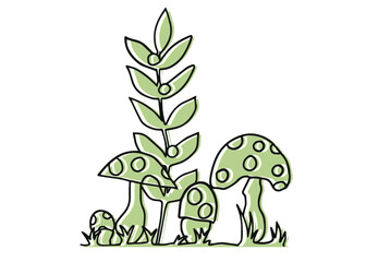 Green illustration of plant with mushrooms, nature
