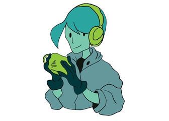 funny cartoon, Cute boy drinking coffee while listening to music, youth.
