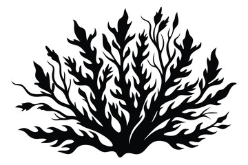 Abstract Black Bush Silhouette Graphic Dense Foliage, Spiky Leaves, Branching Structure