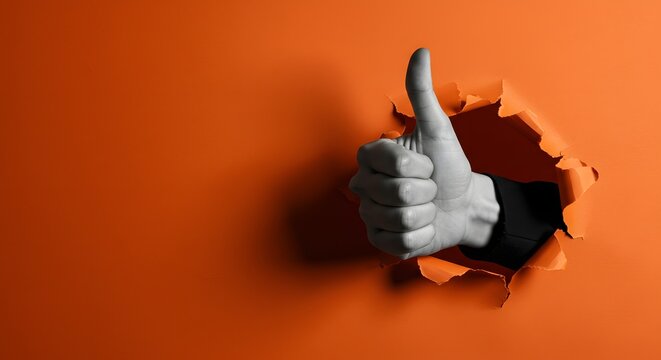 Thumb Up Hand Breaking Through Orange Paper Background