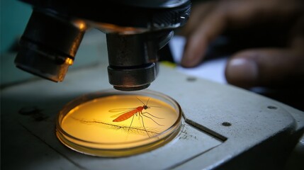 Dengue and Chikungunya Outbreak.. A microscope focuses on a slide Dengue Virus.