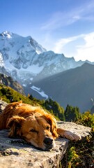 Golden Retriever Sleeping in Mountains.
