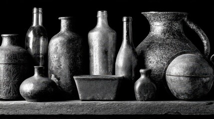 Dramatic Black And White Still Life of Vintage Bottles and Vessels.