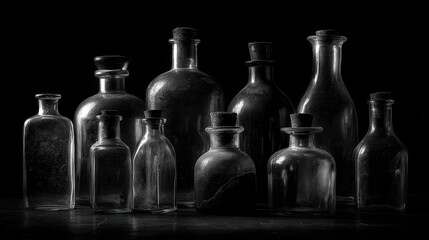 Dramatic Black And White Still Life of Vintage Bottles and Vessels.
