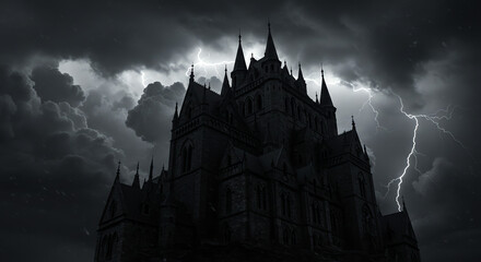 Dark castle silhouette during thunderstorm