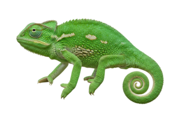 Bright green Veiled Chameleon isolated on transparent background, exotic pet with curled tail in PNG format, reptile for design use