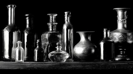 Dramatic Black And White Still Life of Vintage Bottles and Vessels.