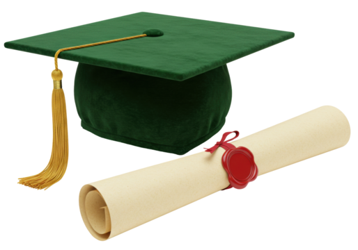 Green graduation cap and diploma isolated, academic achievement symbol for education and commencement ceremonies - Powered by Adobe