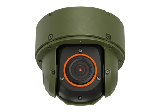 Green military surveillance camera isolated, high-tech security equipment for defense and monitoring applications