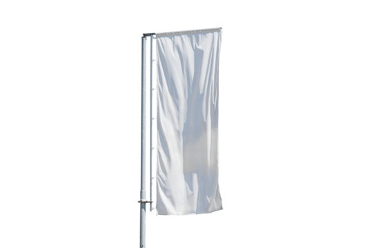 ingle vertical white flag isolated on transparent background, blank mockup template for design, outdoor advertising, branding or event promotion.