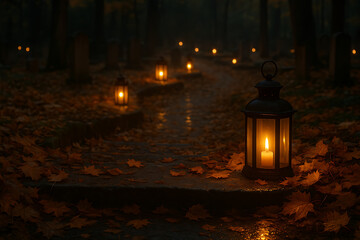 A lantern with a candle on a tombstone with autumn leaves on a foggy night in the cemetery all saints' day and all souls' day