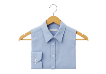 Light blue folded shirt on wooden hanger isolated, casual button-down top for men or women fashion apparel mockup