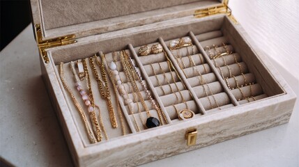 Elegant Beige Stone Jewelry Box with Necklaces.