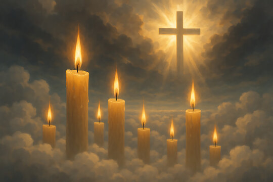 Row of burning memorial candles on clouds with a shining christian cross in the background all saints' day and all souls' day