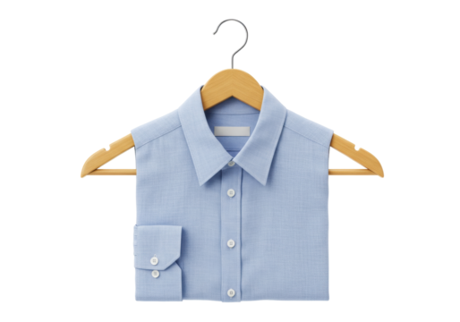 Light blue folded shirt on wooden hanger isolated, casual button-down top for men or women fashion apparel mockup