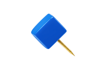 Blue square push pin isolated PNG, office supply for bulletin board and notice board use, realistic 3D rendering on transparent background