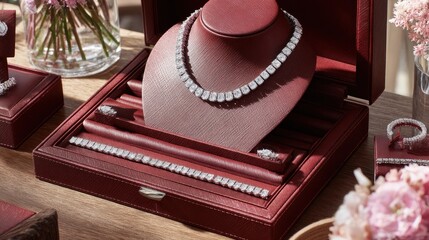 Elegant diamond necklace display jewelry box product photography luxurious setting close-up view timeless beauty.