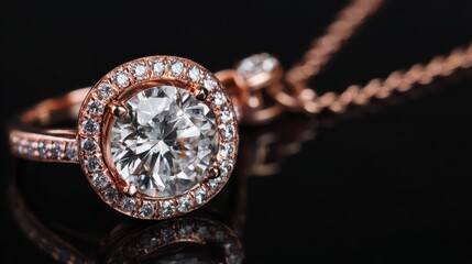 Elegant Rose Gold Ring and Pendant Set on Black Background.