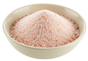Pile of pink Himalayan salt in a bowl isolated, coarse crystals for cooking and seasoning on no background
