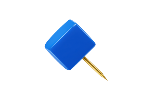 Blue square push pin isolated PNG, office supply for bulletin board and notice board use, realistic 3D rendering on transparent background